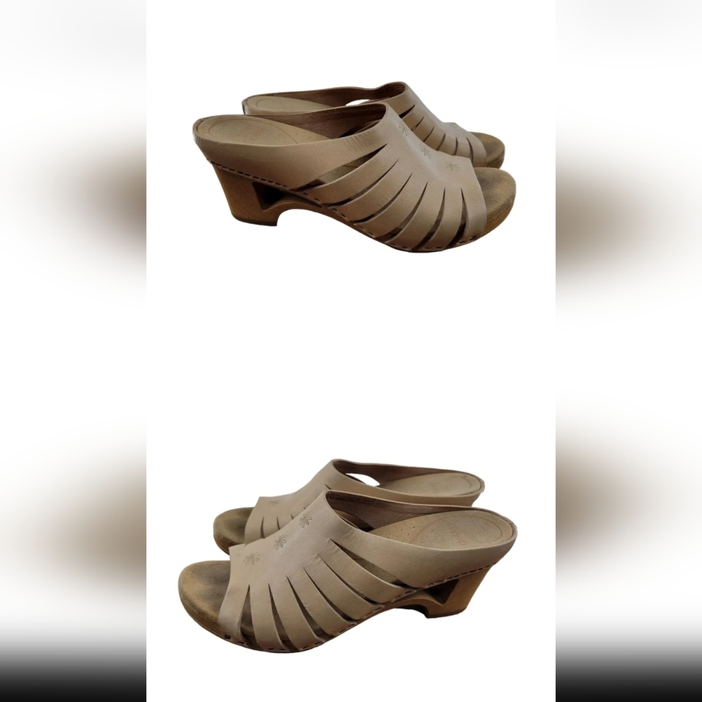 Tan Leather Mules with Intricate Weave Design